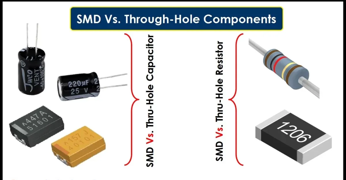 Through-hole and SMD components soldered on a PCB