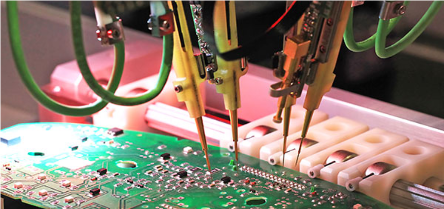 Flying probe testing equipment checking a PCB for electrical performance.