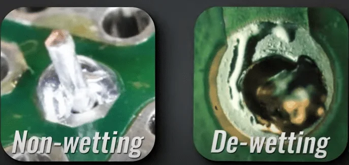 PCB showing immersion tin dewetting and non-wetting soldering issues.