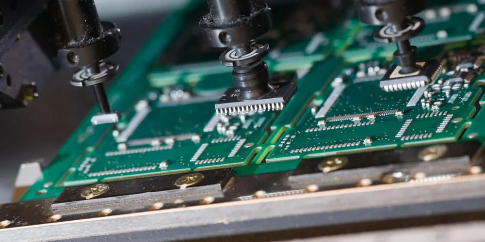 Close-up of SMT assembly on a PCB showing surface mount components.