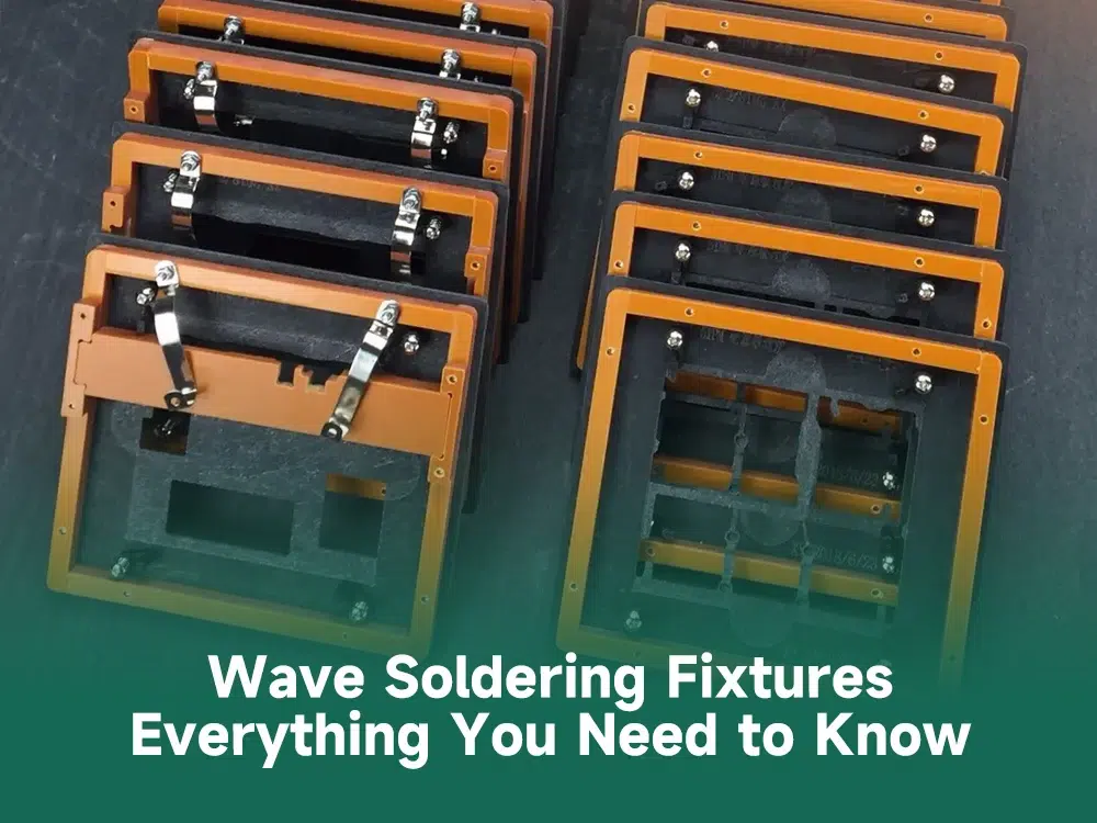 Wave soldering fixture supporting a PCB during assembly.