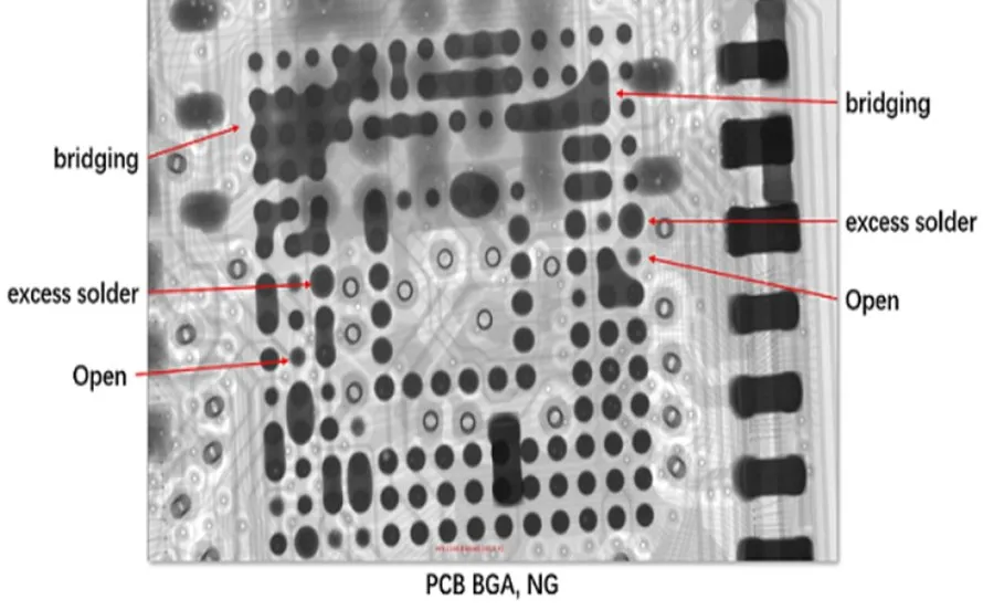 X-ray image of PCB solder joints highlighting potential defects