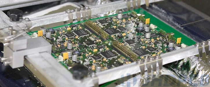 PCB supported by a fixture during reflow soldering.