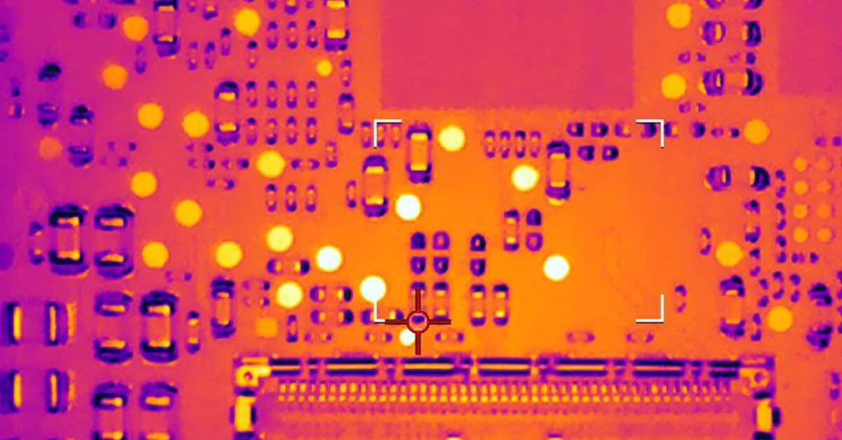 Thermal imaging of a PCB showing heat distribution and hotspots.