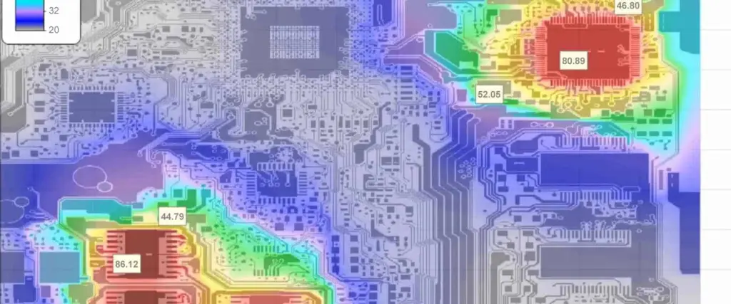 PCB layout with optimized component placement for heat distribution.