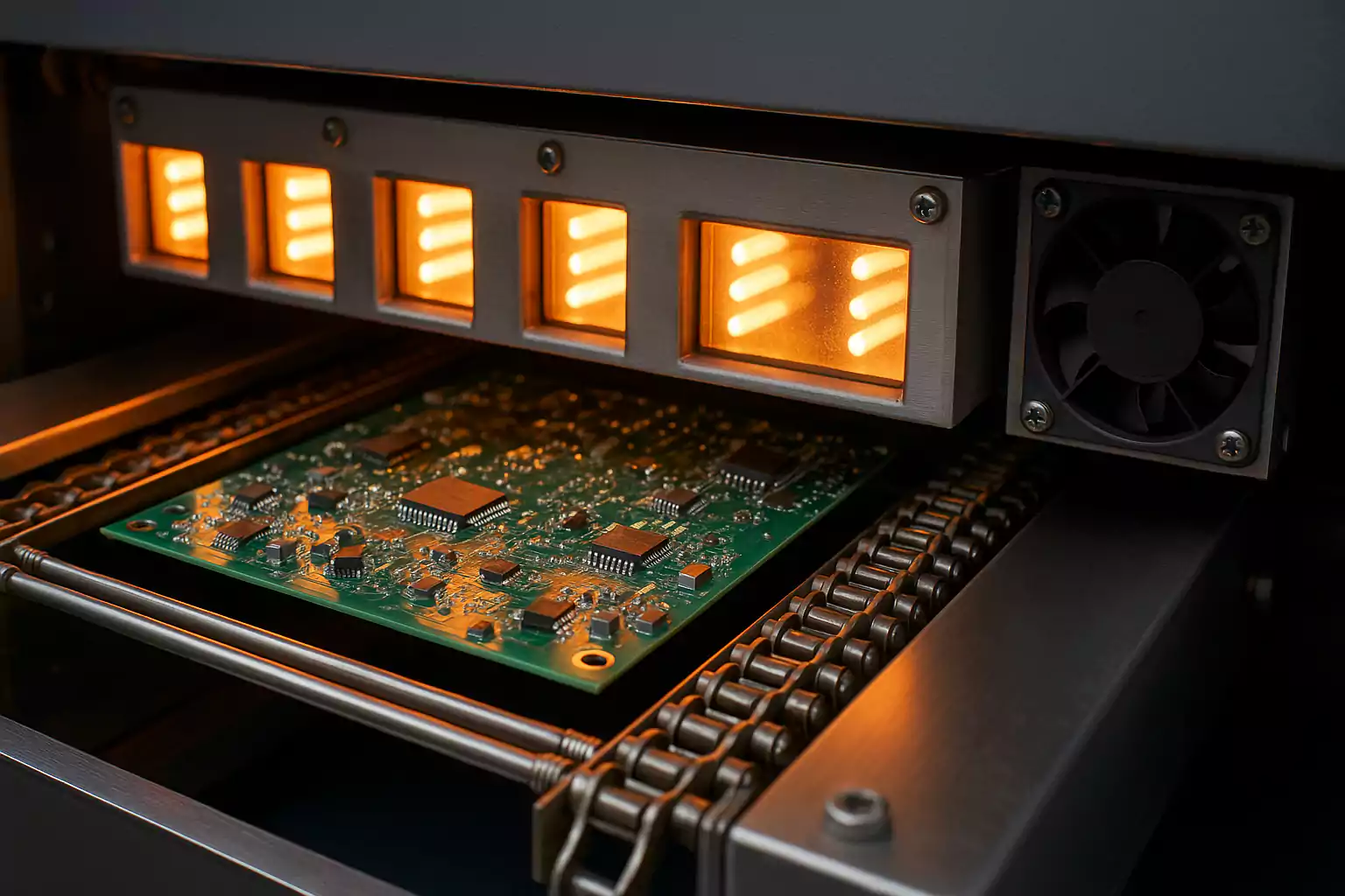 Reflow oven during PCB soldering process.