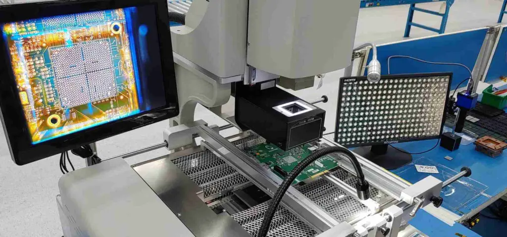 BGA rework station setup with precision tools.