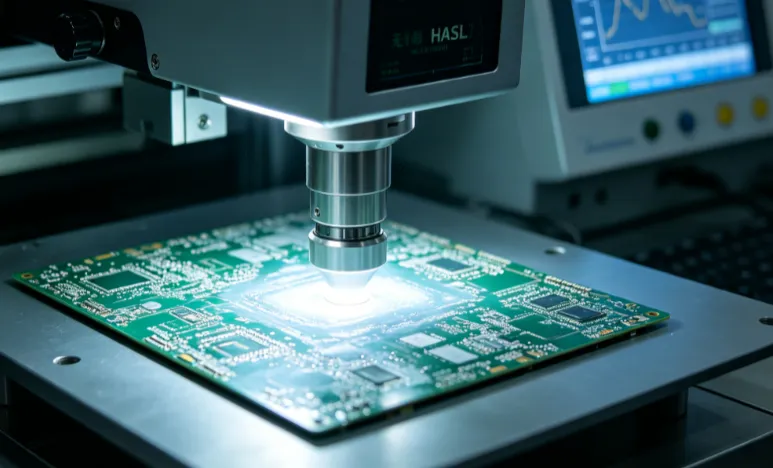 Technician using X-ray fluorescence equipment to measure lead-free HASL coating thickness