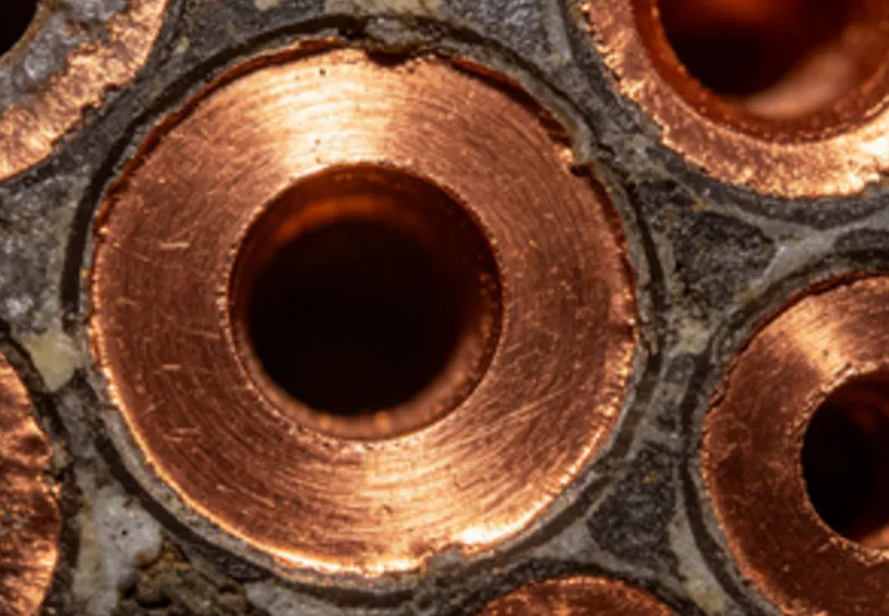 Microsection photograph demonstrating uniform copper plating in a deep via