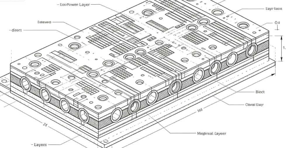 Cross-section view of a multilayer PCB stackup showing signal and plane layers