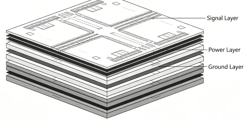 Cross-section diagram of a 16-layer PCB stackup with signal, power, and ground layers
