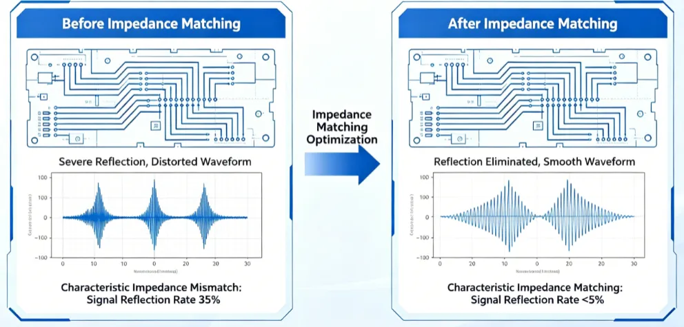 Eye diagram comparison showing signal integrity before and after impedance matching in a high-speed PCB
