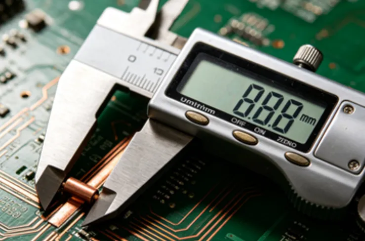 Close-up view of PCB traces with digital caliper measurement